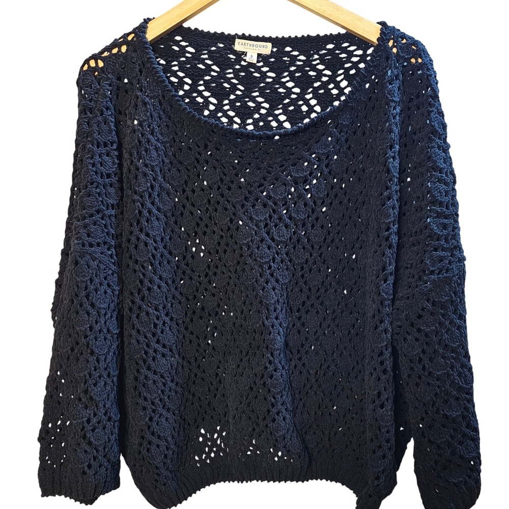 Earthbound Trading ‎ Black Crochet Knit Sweater Size S Boat Neck Long Sleeve EUC